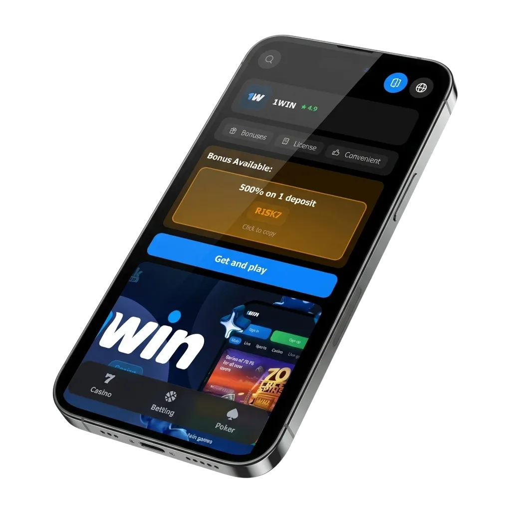 1win iOS app interface showing sports betting and casino games on iPhone with bonus offer display