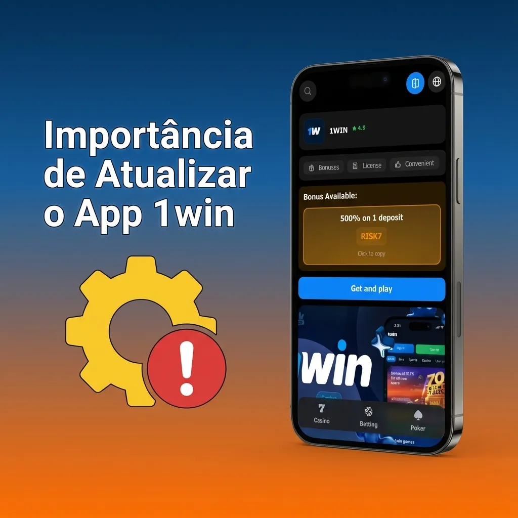 Smartphone displaying 1win betting app update screen with security icons and performance improvements highlighted