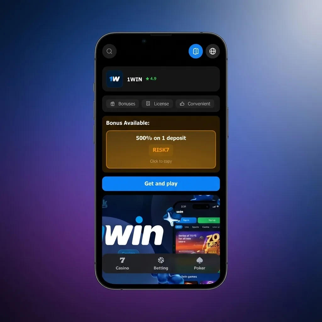 Interface mobile do app 1win mostrando menu inferior com seções de apostas, cassino ao vivo, slots e conta pessoal