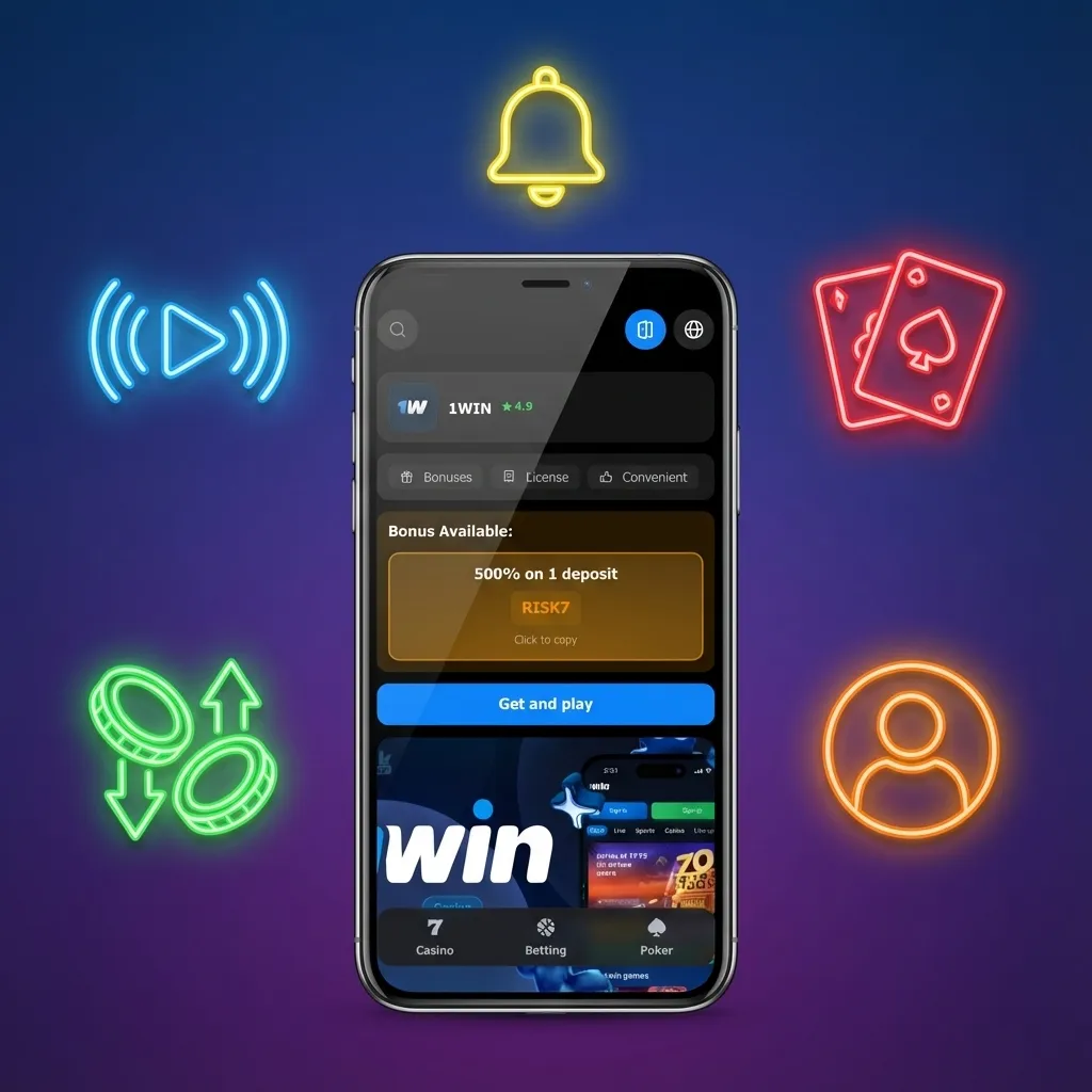 Interface do app 1win mostrando recursos de apostas, cassino, Pix e bônus para jogadores brasileiros