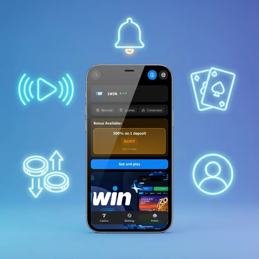 Interface do aplicativo móvel 1win mostrando recursos como Pix, jogos de cassino e apostas esportivas em português